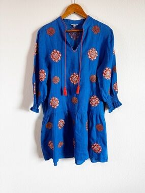 Tyler Boe Niki Blue Linen Shell Embroidered Boho Tassel Dress Size Medium